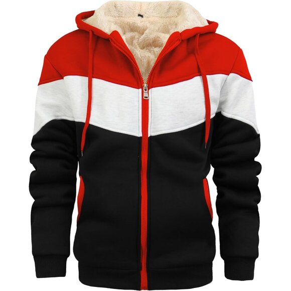 Other - Men's red Grey Black Zip-Up Hooded Jacket with Sherpa Fleece Lining.